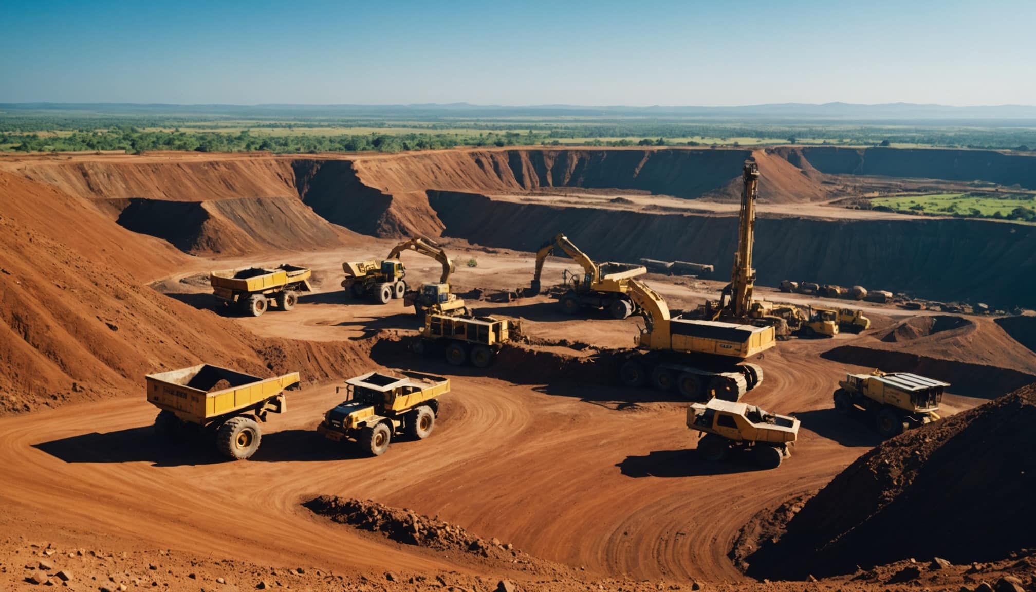 Mines de terres rares avec machines et travailleurs  
Extraction de minéraux précieux dans un paysage industriel